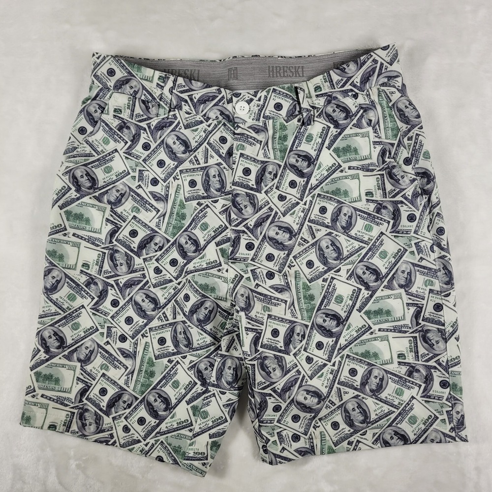 Hreski Golf Shorts Men's 32 White Performance Casual $100 Dollar Bills 9" Inseam